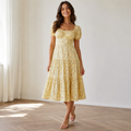 Yellow Floral Puff Sleeve Midi Dress