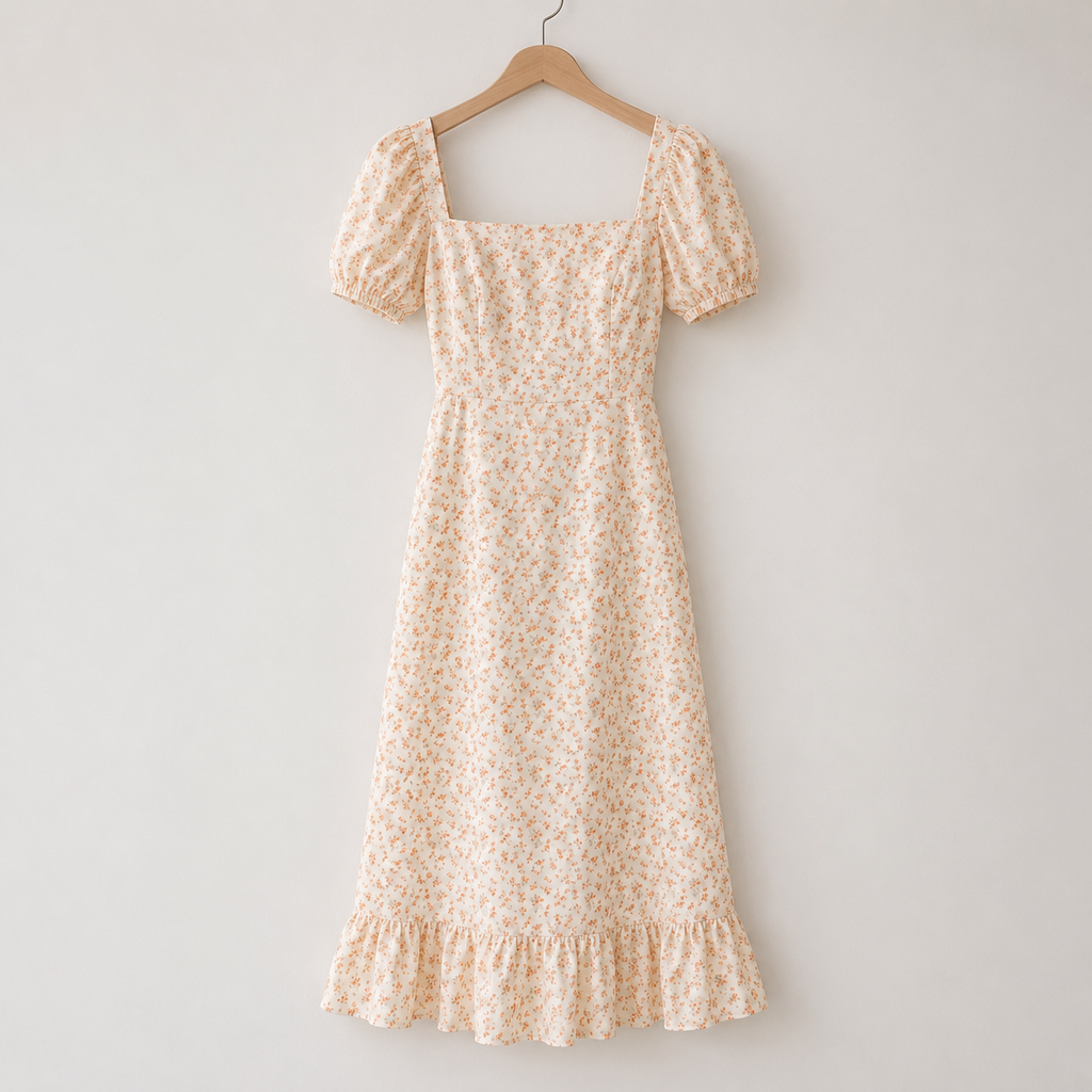 Ivory Floral Puff Sleeve Midi Dress