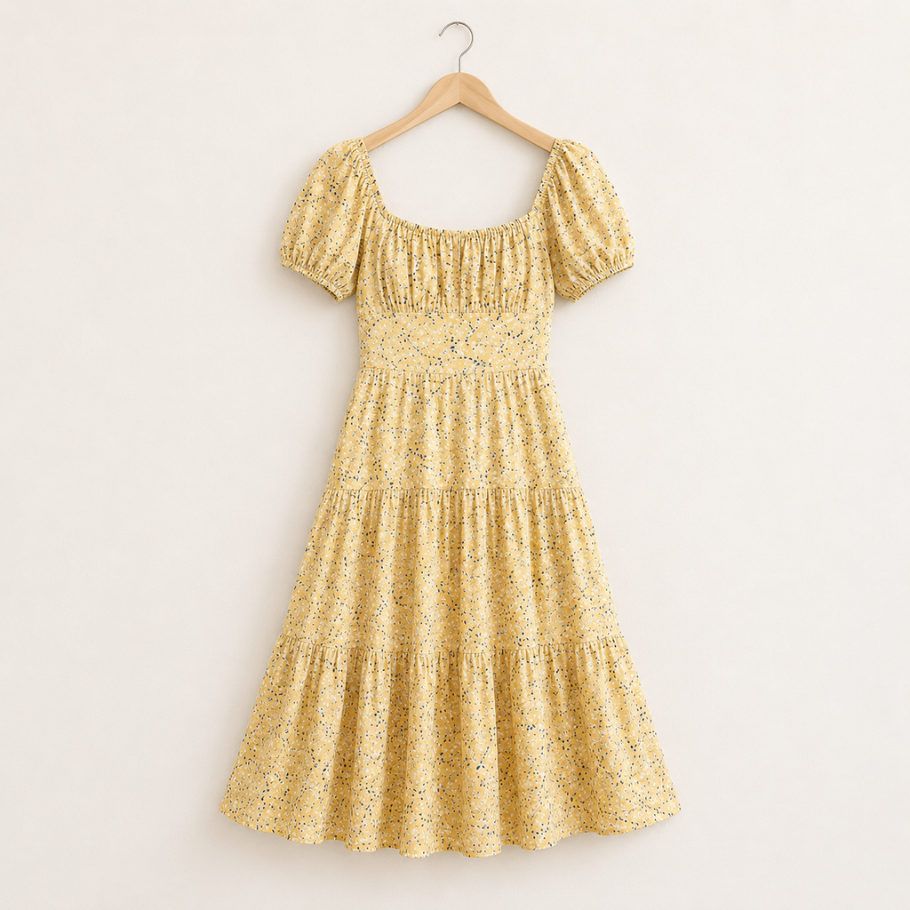 Yellow Floral Puff Sleeve Midi Dress