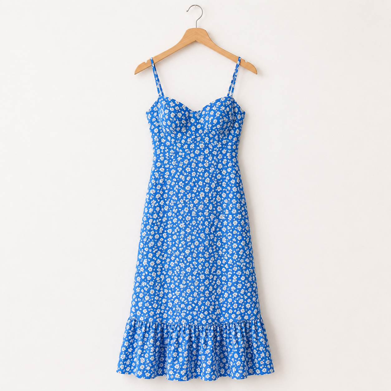 Blue Floral Spaghetti Strap Midi Dress