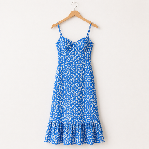 Blue Floral Spaghetti Strap Midi Dress