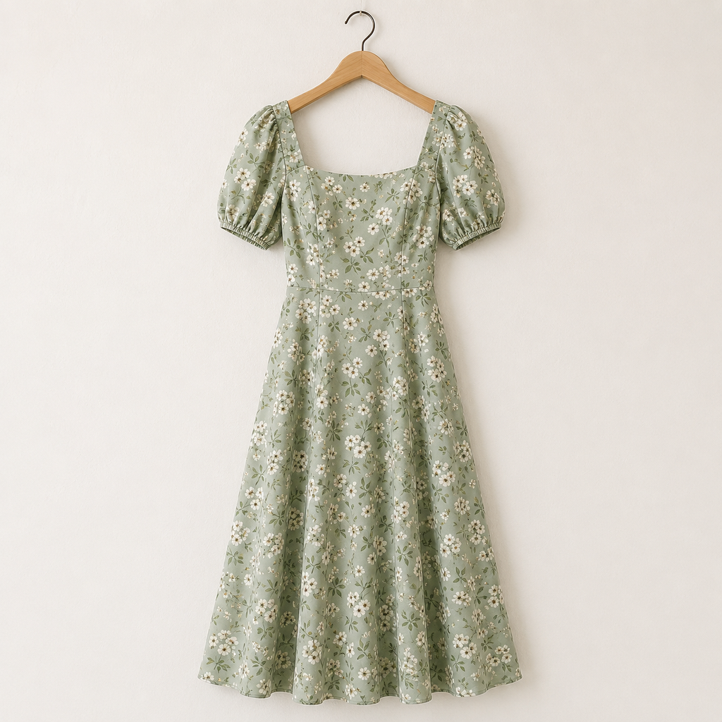 Sage Green Floral Puff Sleeve Midi Dress