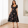 Black Floral Puff Sleeve Midi Dress