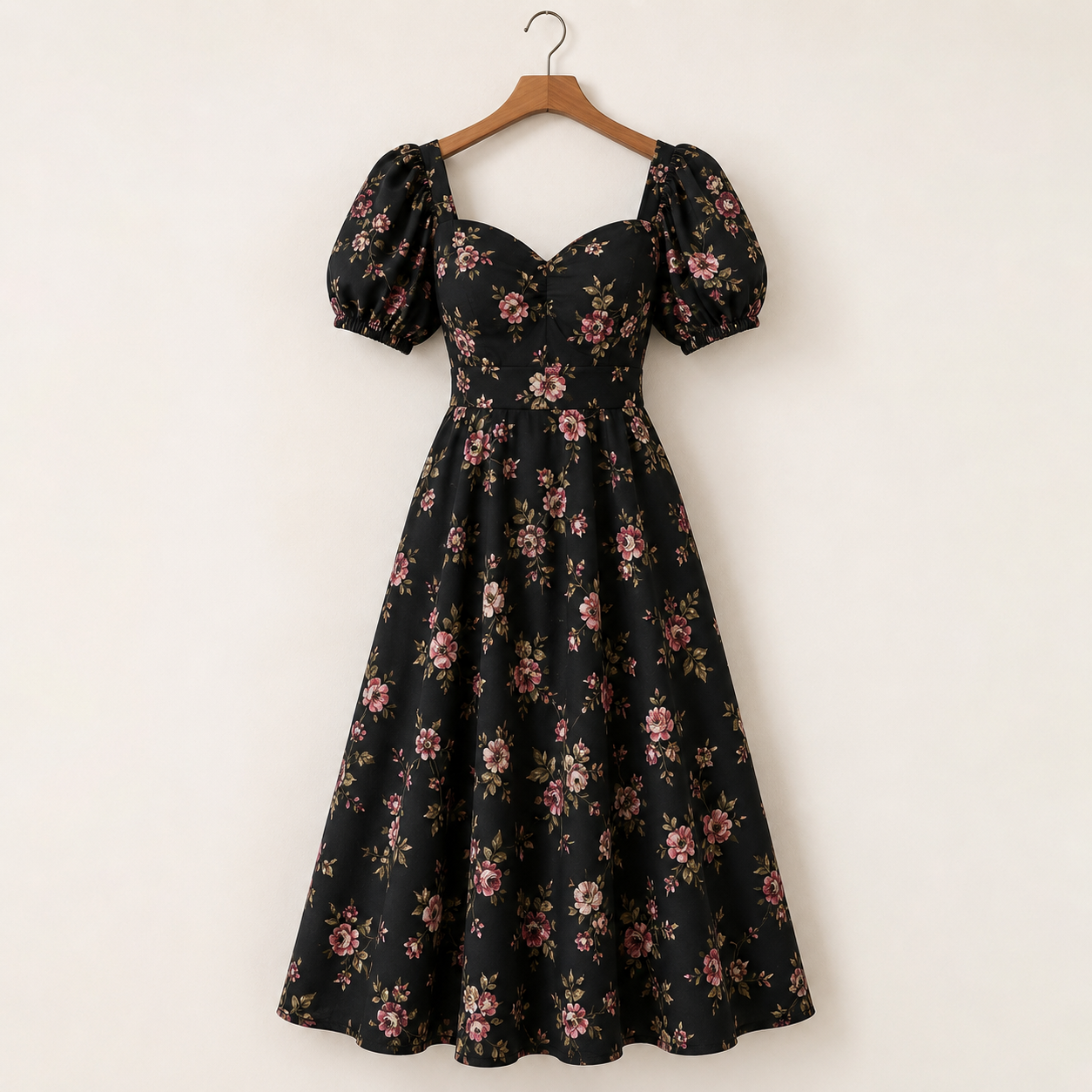 Black Floral Puff Sleeve Midi Dress